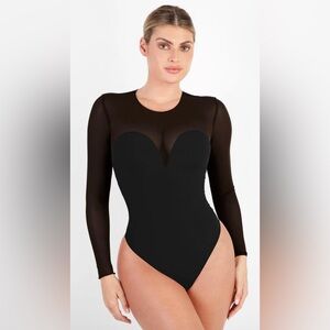 NEW! POPILUSH Sheer Mesh Shapewear Long Sleeve Thong Bodysuit